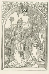 Roswitha presenteert in aanwezigheid van haar nicht Gerba, de abdis van Gandersheim, haar werken aan keizer Otto I