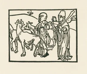 De priester in zijn gewaad drijft vee uit en voor hem gaat de dienstmaagd, c.1489-90 (houtsnede)
