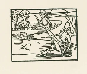 De hertogin zit in een boot op het water waar de priester zijn ondergoed wast, c.1489-90 (houtsnede)
