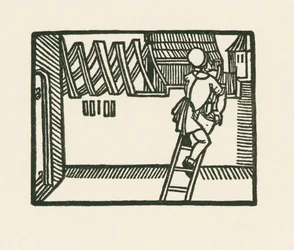 De boeren overkappen het koor van de kerk terwijl het schip ongedekt blijft, ca.1486-90 (houtsnede)