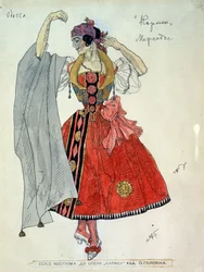 Kostuumontwerp voor de opera Carmen van Georges Bizet (1838-1875). Werk van Alexander Yakovlevich Golovin (Alexandre Golovine) (1863-1930), inkt en aquarel op papier