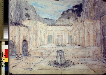 Ontwerp voor het toneeldecor van de tragedie Antigone naar Sophocles (496 v.Chr.-406 v.Chr.). Een openbaar plein omringd door classicistische gebouwen, gelegen in een berglandschap. Werk van Alexander