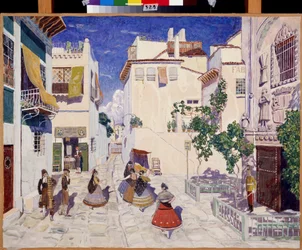 Een straat in Sevilla (Spanje), toneelontwerp voor de opera Carmen van Georges Bizet (1838-1875). Werk van Alexander Yakovlevich Golovin (Alexandre Golovine) (1863-1930)