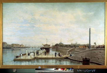 Ceremonie voor het tweehonderdjarig jubileum van de geboorte van tsaar Peter de Grote op de Neva in Sint-Petersburg