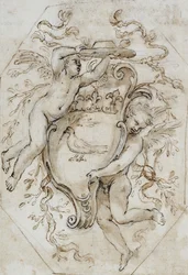 Twee putti die een kardinaalshoed en een wapenschild met de armen van Camillo Pamphili ondersteunen: Ontwerp voor een stucdecoratie