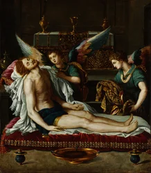 Het lichaam van Christus gezalfd door twee engelen