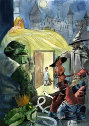 Een kind dat naar de personages van de sprookjes staart zoals De gelaarsde kat, een prinses en een pad, Zeven Dwergen