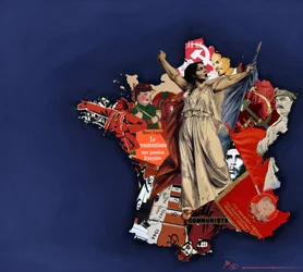 Een mariana tegen een achtergrond van communistisch collage. Allegorie van het communisme in Frankrijk. 2010 Kleuren tekening door Alessandro Lonati.