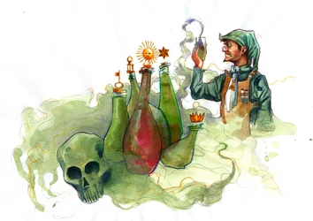 Een alchemist in zijn laboratorium omringd door flessen en destilleerapparaten die de inhoud van een fles onderzoekt