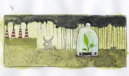 Ecologie, vervuiling: een kleine groene plant in een bel omringd door dierenskeletten, in een omgeving vervuild door fabrieksschoorstenen Illustratie door Alessandro Lonati