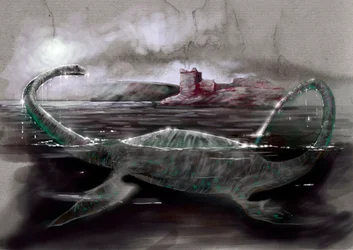 Fantastische monsters en wezens, cryptozoologie: voorstelling van Nessie, het monster van Loch Ness in Schotland - Tekening door Alessandro Lonati, 2012