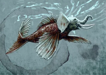 Fantastische monsters en wezens, cryptozoölogie: voorstelling van een makara, een waterdier uit het mythologische bestiarium van India; het heeft een slurf die het op een zeeolifant doet lijken, de tand van een krokodil en een vissenstaart