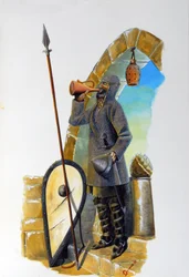 Eerste kruistocht: een kraanvogel in rust, uitgerust met zijn maliënkolder, drinkt de karaf, zijn schild en speer liggen naast hem.