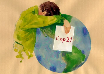 Toekomst van de aarde, een huilende man houdt het COP21-bord (Klimaatconferentie van de Verenigde Naties van 2015) in zijn handen, die in Parijs werd gehouden en oplossingen moest vinden voor de opwarming van de aarde en vervuiling