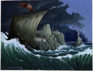 Illustratie van de mythe van het eiland dat onder de Atlantische Zee verdween: uitzicht op de Griekse stad van het legendarische eiland voor zijn verdwijning. Kleuren tekening door Alessandro Lonati.