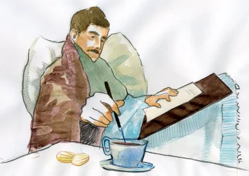 Marcel Proust als zieke man die schrijft met de thee van zijn tante Elisabeth