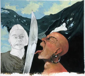 Portret van een piraat die zijn tegenstander uitdaagt door hem met zijn tong aan te raken
