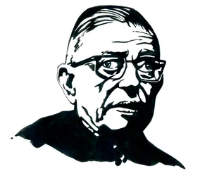 Portret van de Franse schrijver, filosoof en toneelschrijver Jean-Paul Sartre Tekening