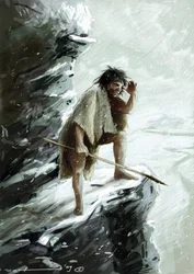Prehistorie: een Neanderthaler onder de sneeuw, zittend op een rots kijkt naar de horizon - Tekening door Alessandro Lonati