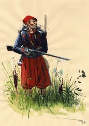 Tweede Keizerrijk (1852-1870): Zouaaf soldaat van het Franse leger van Napoleon III tijdens de Italiaanse campagne in 1859 (Slag bij Solferino op 24 juni 1859 of Slag bij Magenta op 4 juni 1859)