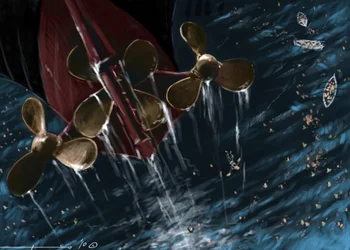 Zicht op de schroeven van de Titanic tijdens het zinken op 14 en 15 april 1912