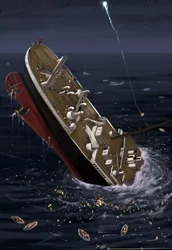 Zicht op de trans-Atlantische lijnboot Titanic tijdens het zinken op 14 en 15 april 1912.