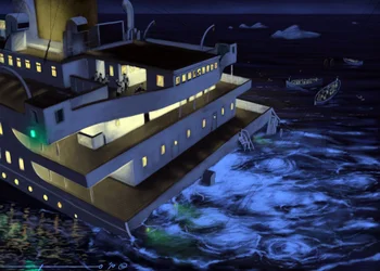 Zicht op de trans-Atlantische lijnboot Titanic tijdens het zinken op 14 en 15 april 1912. Illustratie door Alessandro Lonati, 2010