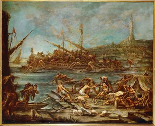 Embarcatie van de galeislaven in de haven van Genua (schilderij op doek)