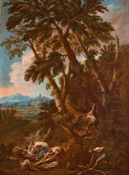Landschap met wasvrouwen en houthakkers