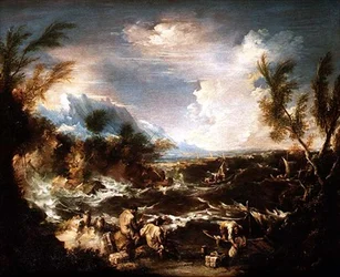 Rotsachtige kust in een storm met kluizenaars die voorraden ontvangen