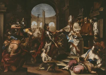 Theodosius uit de Kerk verstoten door Sint Ambrosius