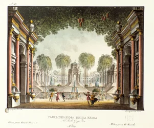 Uitzicht op de koninklijke hof van het paleis van Dzjengis Khan Scenografie voor het ballet Genis-Kan door Giovanni Galzerani (1828)