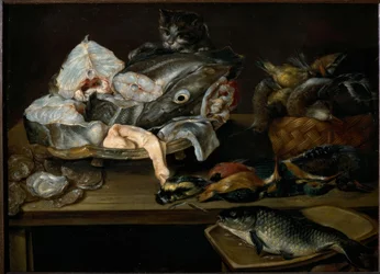 Stilleven met vissen, zeevruchten, gevogelte en kat