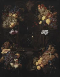 Cartouche met fruitkransen en een wijnglas