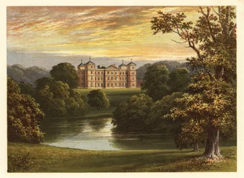 Uitzicht op Kimberley Hall, Norfolk, Engeland. 1880 (gravure)