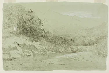 Rivierstroom met Bergen in de Verte