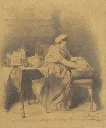 Zittende vrouw, vaatwerk wassend
