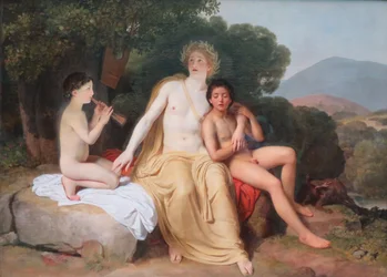 Russisch: "Apollo, Hyacinthus en Cyparissus spelen muziek en zingen" Apollo, Hyacinthus en Cyparissus spelen muziek en zingen