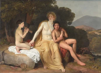 Russisch: "Apollo, Hyacinthus en Cyparissus musiceren en zingen" Apollo, Hyacinthus en Cyparissus musiceren en zingen