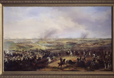 De Volkerenslag bij Leipzig (Duitsland) in oktober 1813. (Of Slag bij Leipzig, episode van de Derde Coalitie, Duitse veldtocht van de napoleontische oorlogen). (1783-1844). Duitse kunst uit de 19e eeuw