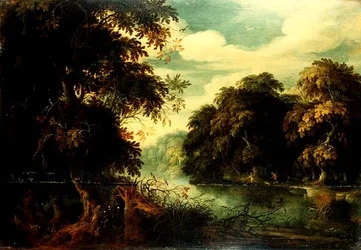 Boslandschap met vogelvangers naast een rivier