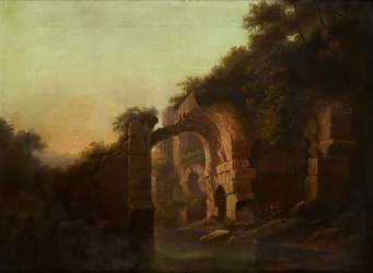 Een verwoeste brug over een rivier, Italië