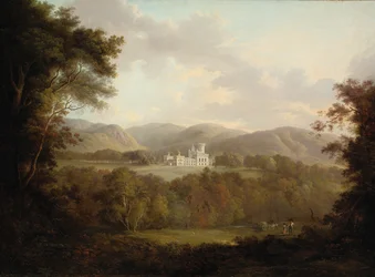 Uitzicht op Dreghorn Castle, Midlothian, met figuren en een hooiwagen op de voorgrond