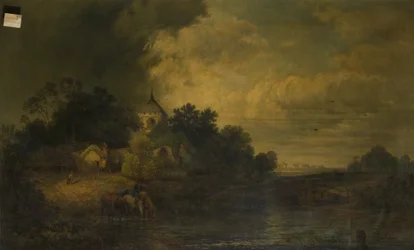 Romantisch landschap met drinkende paarden