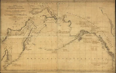 Algemene kaart van de Noordelijke Stille Oceaan, een klein deel van de Noordelijke IJszee ten noorden van de Beringstraat en de aangrenzende kustgebieden van het Russische Verre Oosten en Alaska