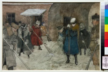 Mensen vegen sneeuw in een straat in de winter