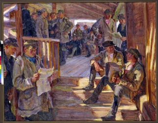 Scène bij een rekruteringspost van het Russische leger waar mannen discussiëren, lezen, accordeon spelen