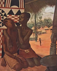 Titi en Naranghe, dochters van chef Eki Bondo (Haut Ouelle) (De een van een Mangbetou moeder, de ander van een Matchaga moeder), uit Tekeningen en Schilderijen van Afrika, uitgevoerd tijdens de Citroen Centraal Afrika expeditie, tweede missie Haardt Audoui