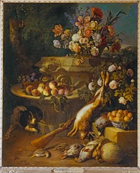 Gibier mort, fruits, fleurs et un chien - Dood spel, fruit, bloemen en een hond ...