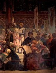 Koning Lodewijk IX, ook wel Sint Lodewijk (1214-1270), spreekt recht